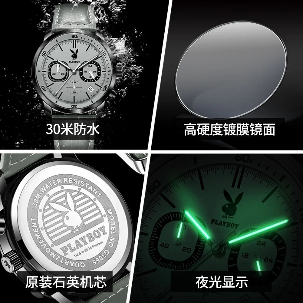 PLAYBOY Top Brand Fashion Watch for Men Leather Strap  High Quality Casual Waterproof Luxury Quartz Men's Watches