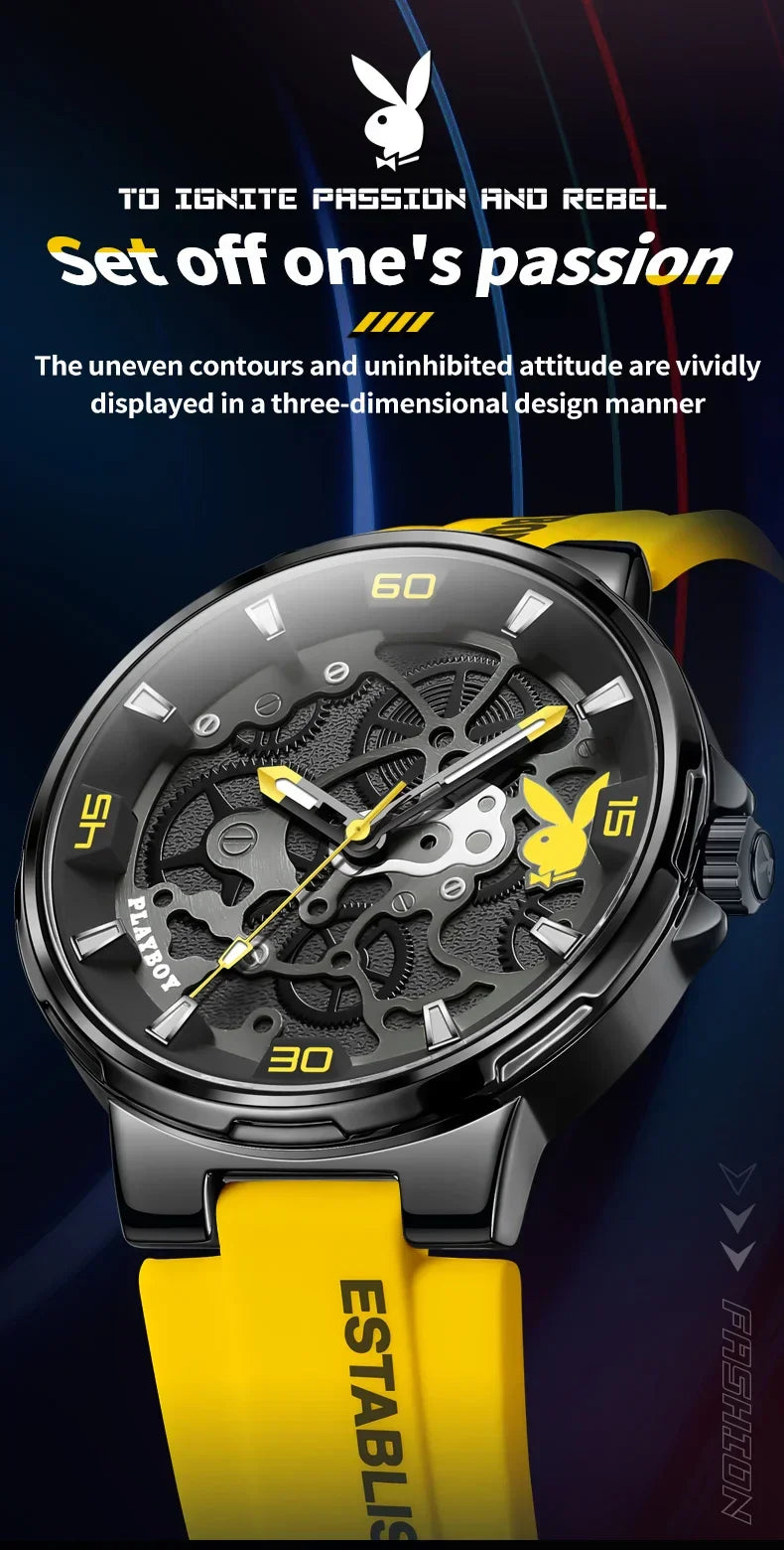PLAYBOY Luxury Original Silicone Strap Fashion Casual Quartz High Quality Waterproof Watches for Men