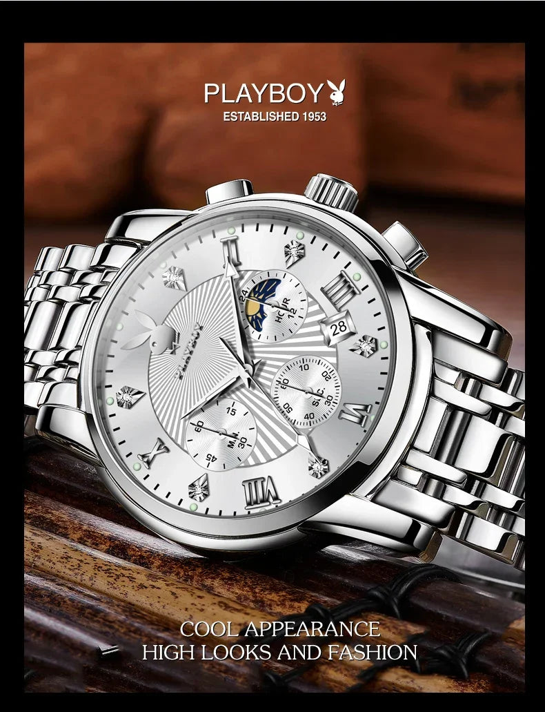 PLAYBOY Fashion Luxury Multifunction Original Waterproof Stainless Steel High Quality Quartz Watch for Men