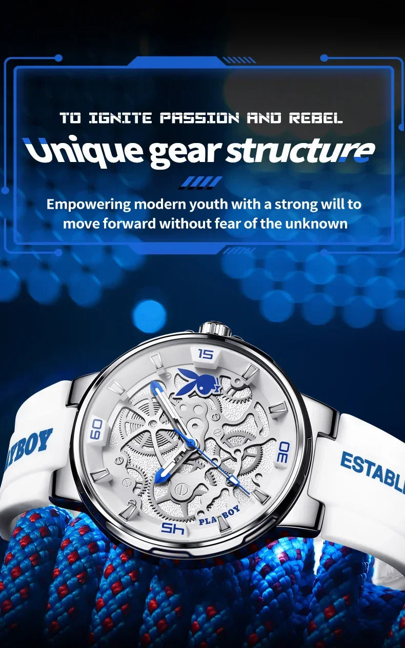 PLAYBOY Luxury Brand Casual Waterproof Quartz Silicone Strap Sports Elegant High-end Wrist Watch for Men