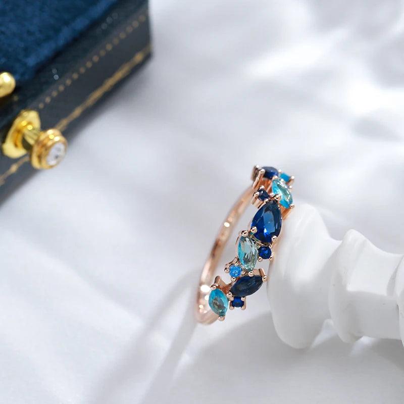 Gorgeous Blue AAA Zircon Crystals Leaf Ethnic 14K Rolled Rose Gold Luxury Ring For Women -  Daily Party Jewellery