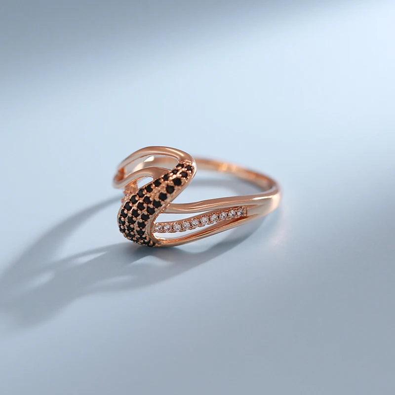 Vintage Style Unusual Geometric Filled 14K Rose Gold With Black AAA+ Zircon Fashion Elegant  Rings - Fine Jewellery
