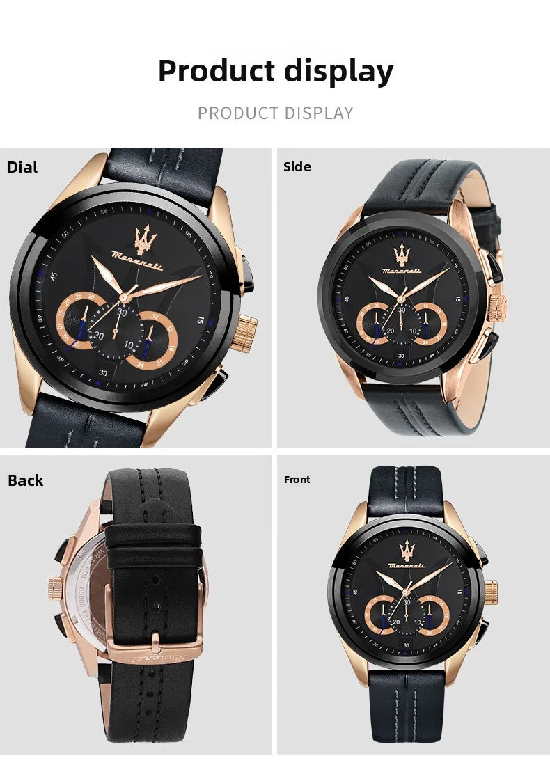 Original Maserati Men's Watch Quartz Darth Vader Waterproof Leather Strap Watches, Luxury, Precision Italian style