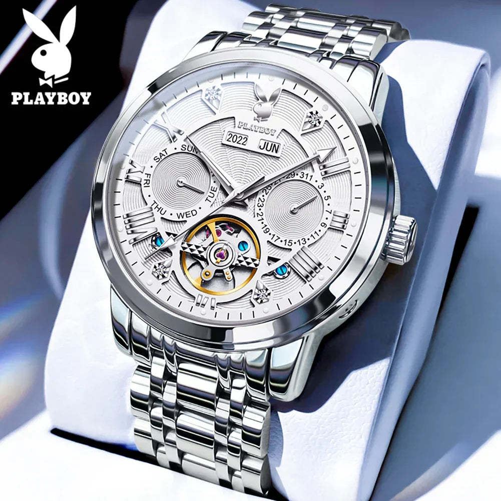 PLAYBOY Luxury Top Brand Fashion Automatic Mechanical Stainless Steel Waterproof Business Men's Watches for Men