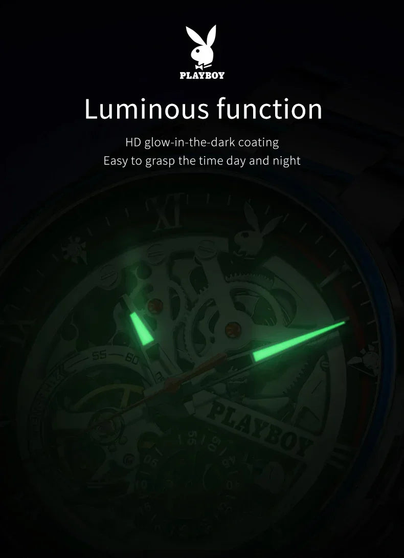 PLAYBOY Brand Skeleton Multifunction Automatic Mechanical Original Stainless Steel Fashion Luxury Watches for Men