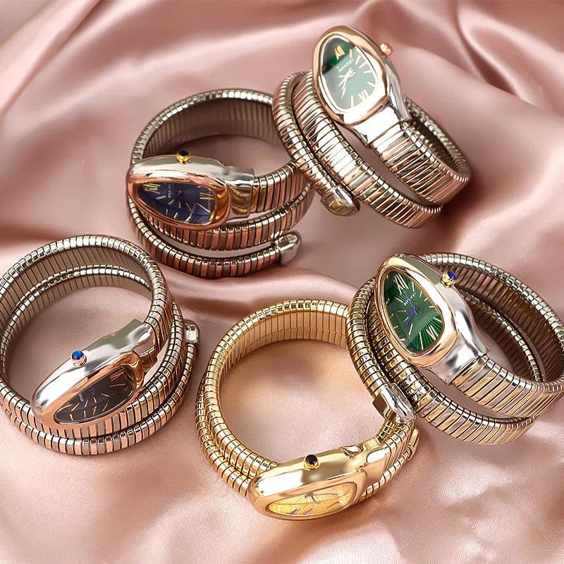 Latest Fashion Snake Design Luxury Gold Colour Stainless Steel Quartz Watches for Women Waterproof Elegant Jewellery