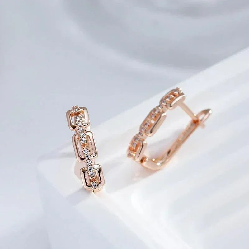 Charming Personality Chain Design Inlay with AAA White Zircon Diamonds 14K Rolled Rose Gold Earrings for Women