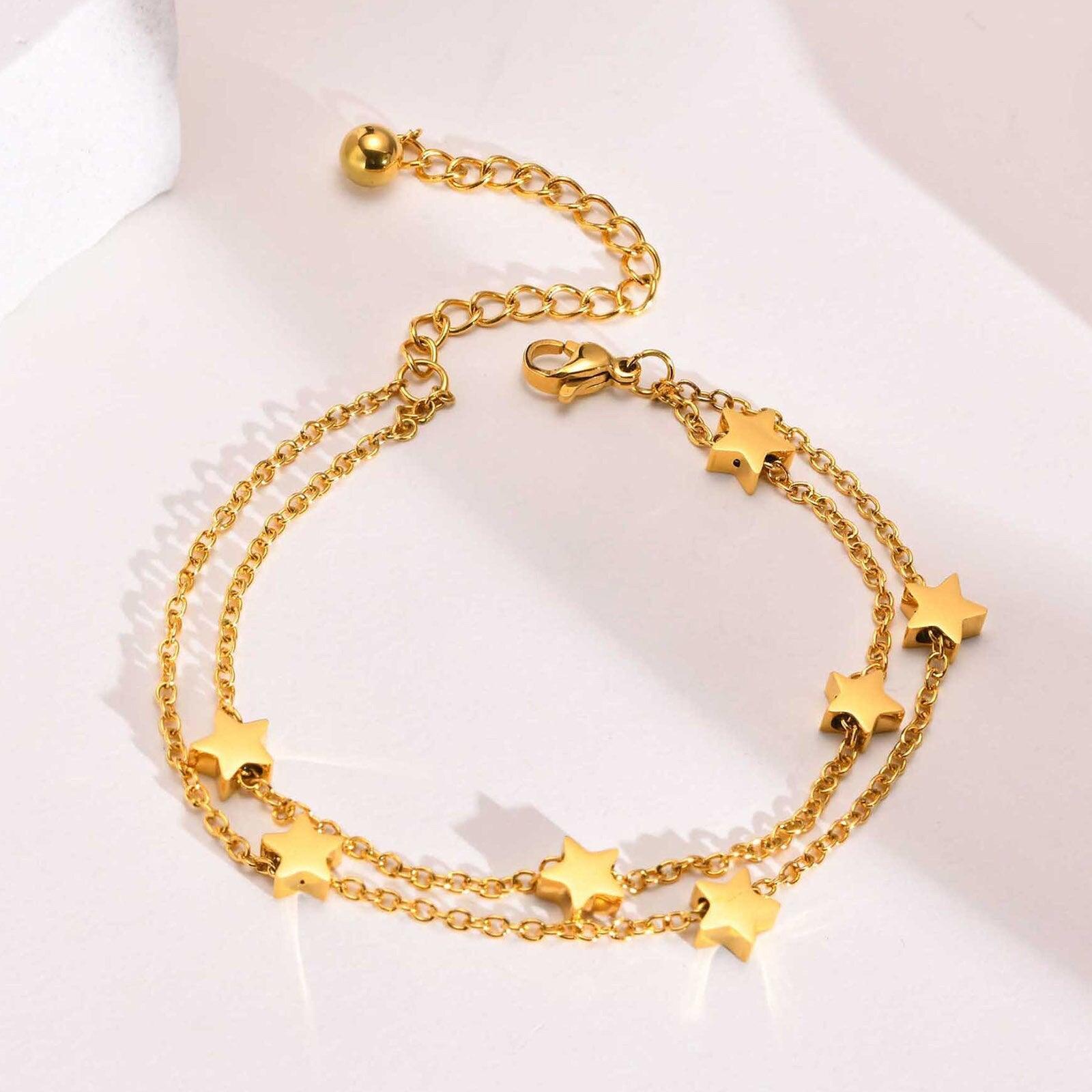 Elegant  Gold Colour Stainless Steel Chain Bracelets for Women, Dainty Stars Charm Link Adjustable Jewellery - The Jewellery Supermarket