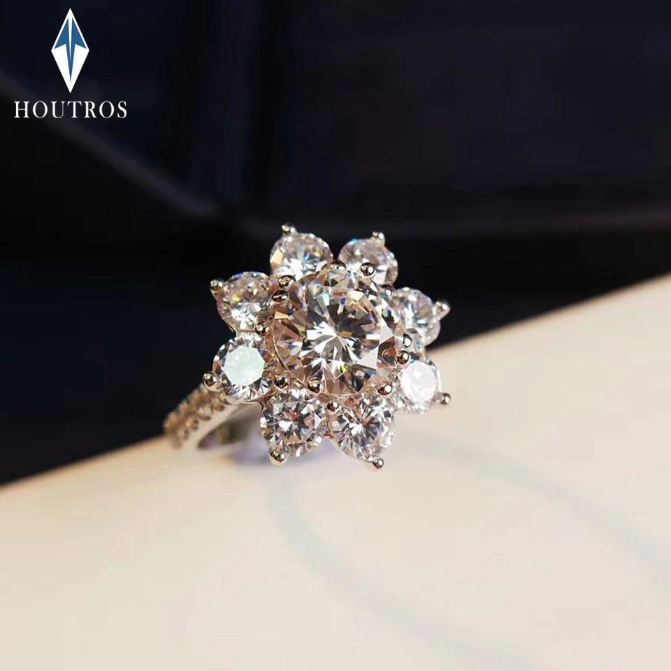 18K White Gold Plated 925 Sterling Silver 2 Carat Sunflower Moissanite Diamonds Engagement Weddings Rings For Women