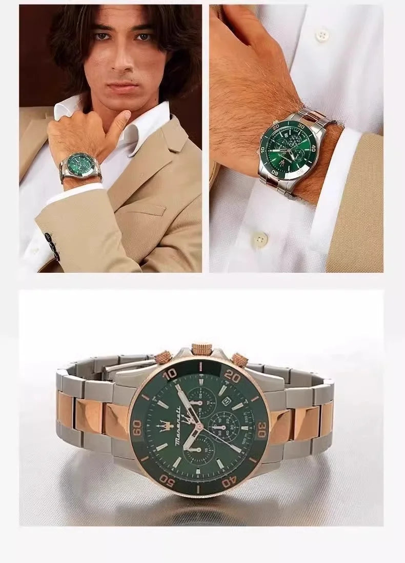 Maserati Original Green Water Ghost Trend Sports Watch Europe and America Style Authentic Quartz Wristwatch