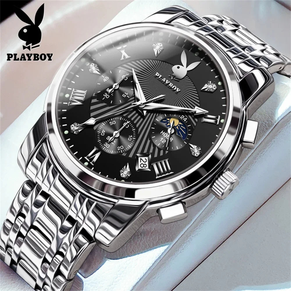 PLAYBOY Fashion Luxury Multifunction Original Waterproof Stainless Steel High Quality Quartz Watch for Men