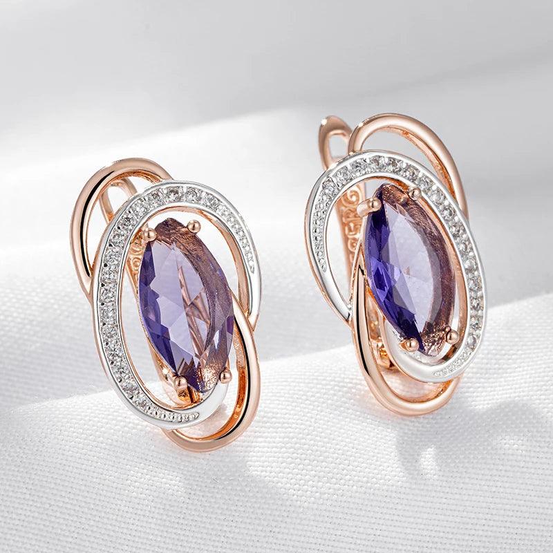 Dazzling Unique Geometric Rolled 14K Rose Gold Purple AAA Zircon Diamonds Drop Earrings, Vintage  Jewellery