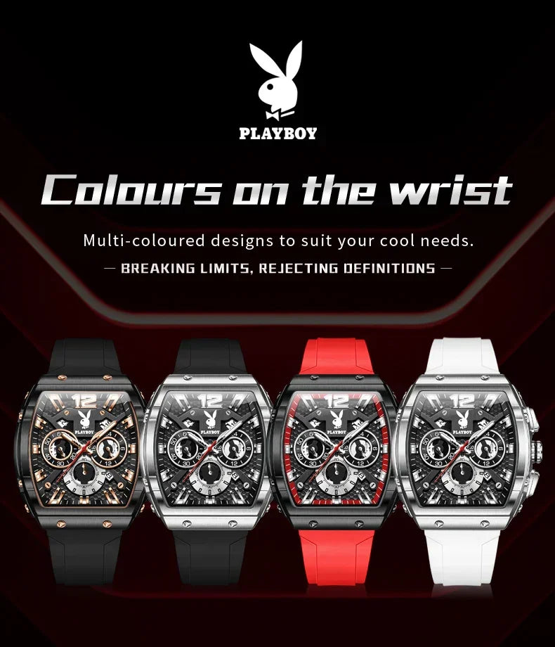 PLAYBOY Top Brand High Quality Multifunction Original Fashion Waterproof Silicone Strap Quartz Watch for Men