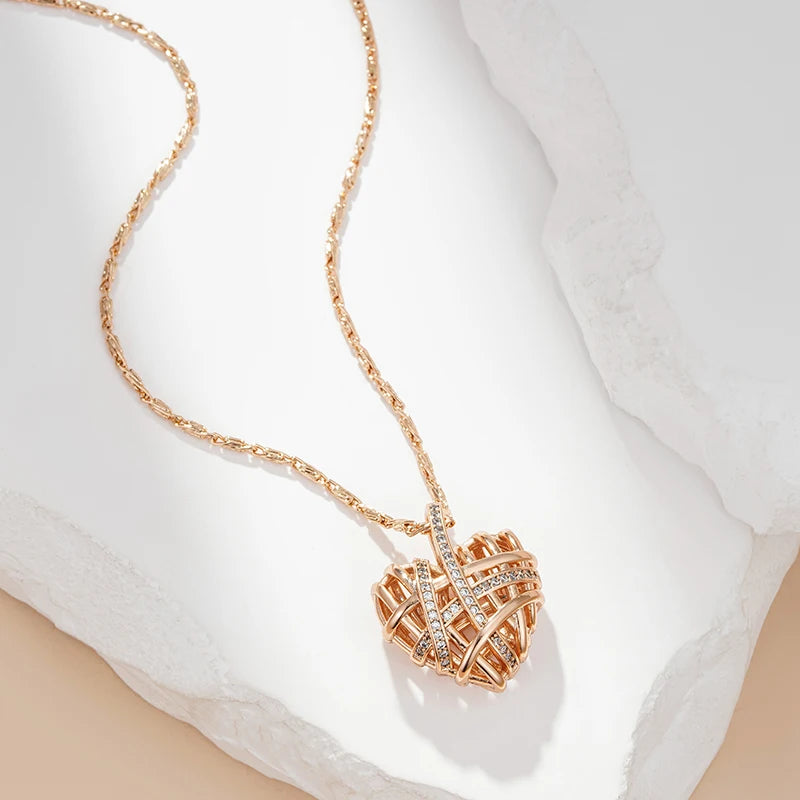 Luxury Filled 14K Rose Gold Wrapped Hollow Love Shape AAA Zircon Diamonds Necklace, Designer's Fine Jewellery