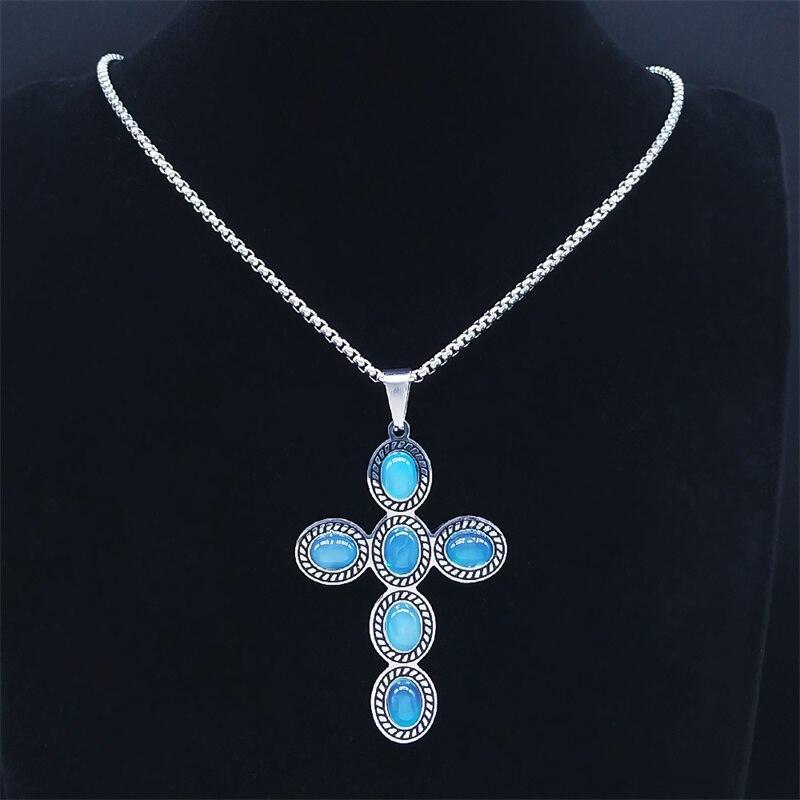 Bohemian Cross Pendant Necklace Stainless Steel Natural Stone Simple Chain Christian Necklaces Gift Jewellery - The Jewellery Supermarket