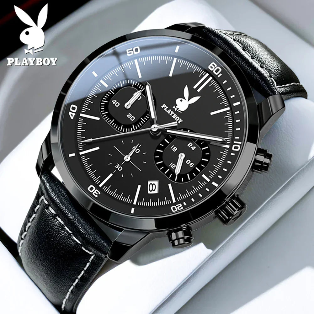 PLAYBOY Top Brand Fashion Watch for Men Leather Strap  High Quality Casual Waterproof Luxury Quartz Men's Watches
