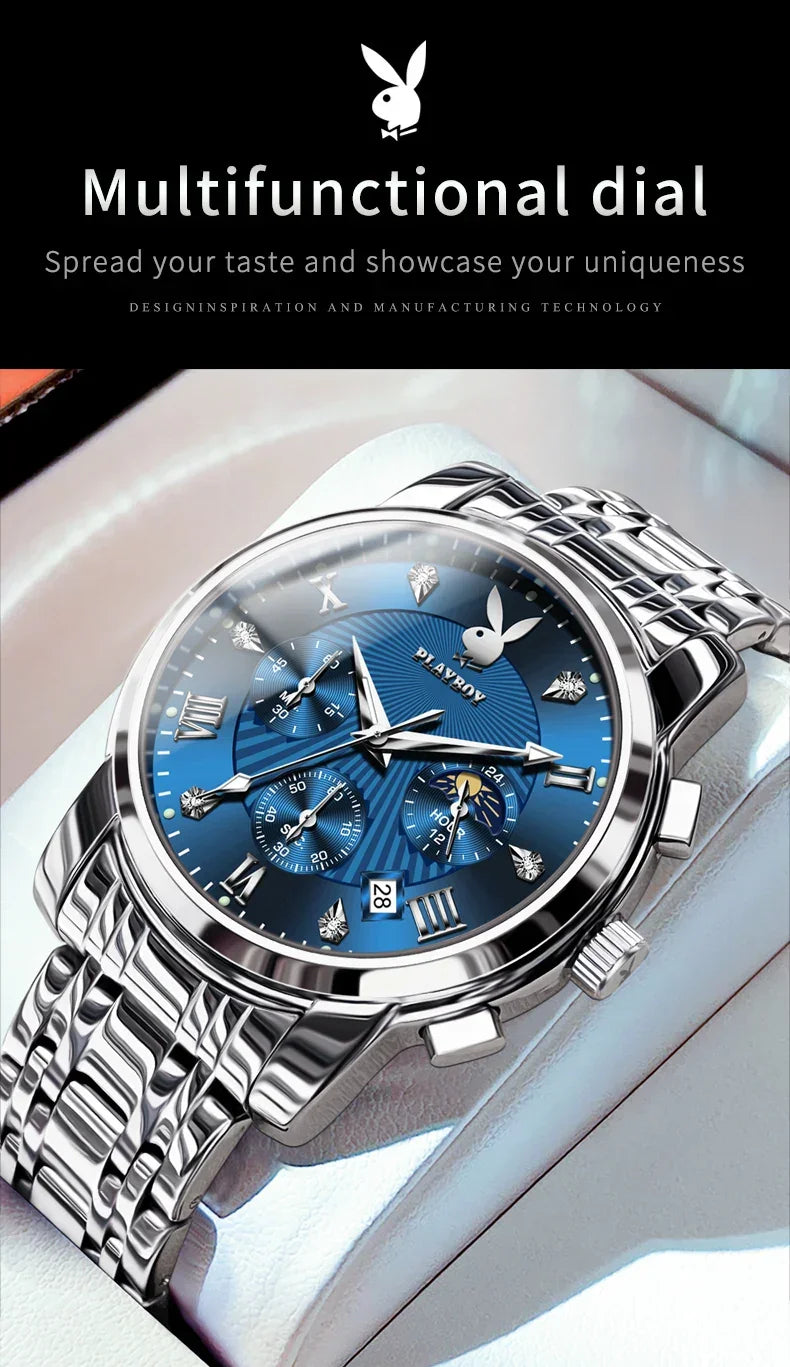 PLAYBOY Fashion Luxury Multifunction Original Waterproof Stainless Steel High Quality Quartz Watch for Men