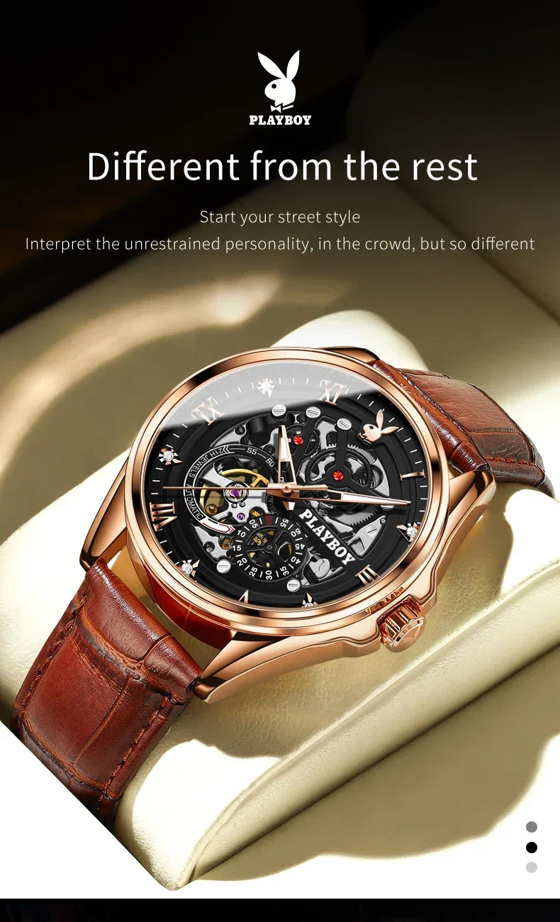 PLAYBOY Brand Skeleton Multifunction Automatic Mechanical Original Stainless Steel Fashion Luxury Watches for Men