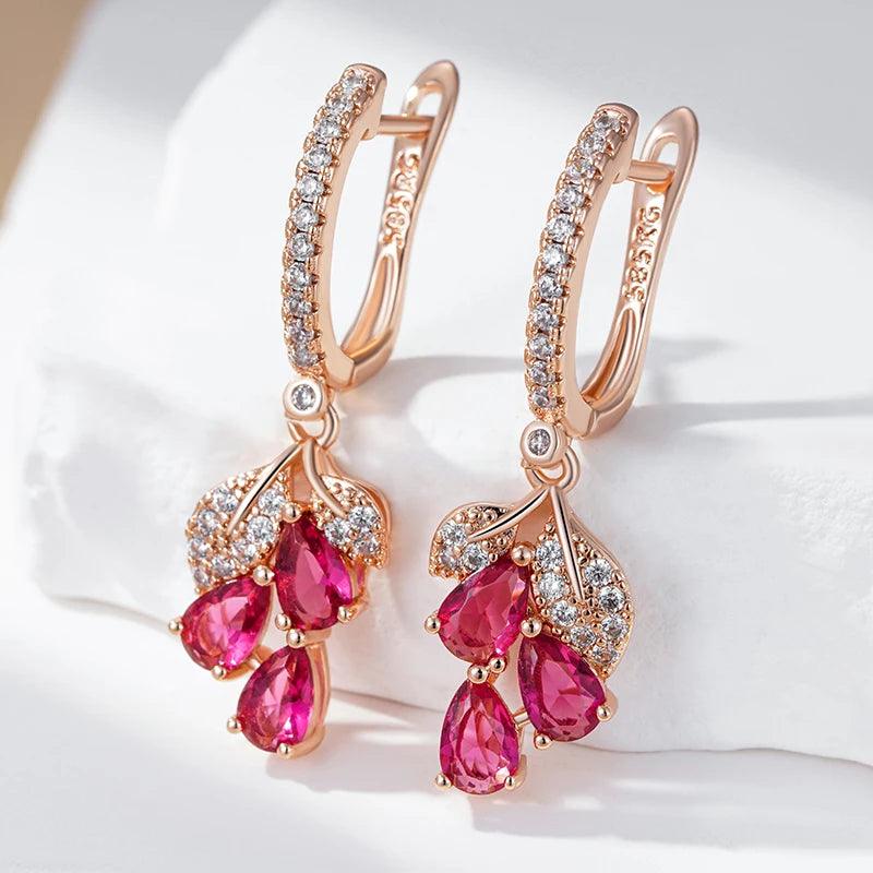 Amazing Red Pomegranate Flower 14K Filled Rose Gold AAA Zircon Diamonds Long Drop Earrings - Elegant Jewellery
