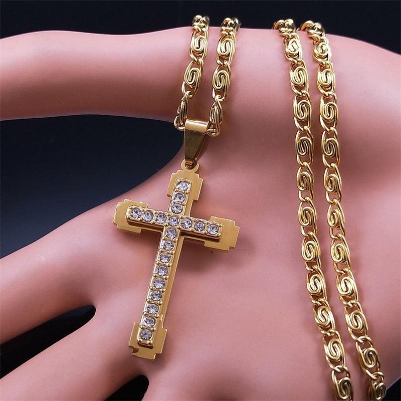 Christian Jesus Cross Religious Necklace - Gold Colour Stainless Steel Religious Pendant Necklaces Chain Jewellery - The Jewellery Supermarket