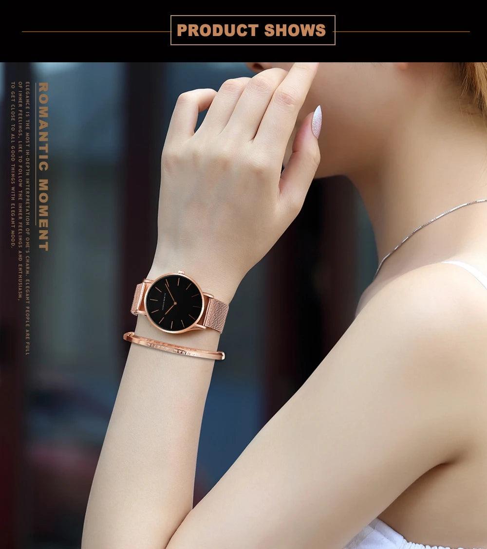 New Gold Colour Design Dial Quartz Movement Ladies Wristwatches Stainless Steel Mesh Ultra thin Waterproof Watches