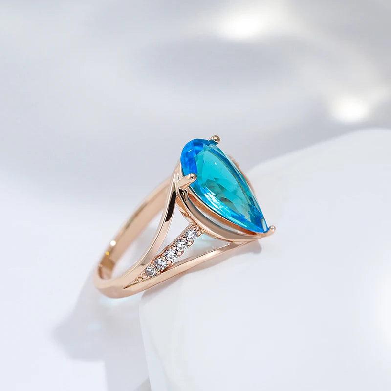 Luxury Fashion Water Drop 14K Rolled Rose Gold Blue AAA Zircon Crystals Big Ring for Women - Daily Jewellery