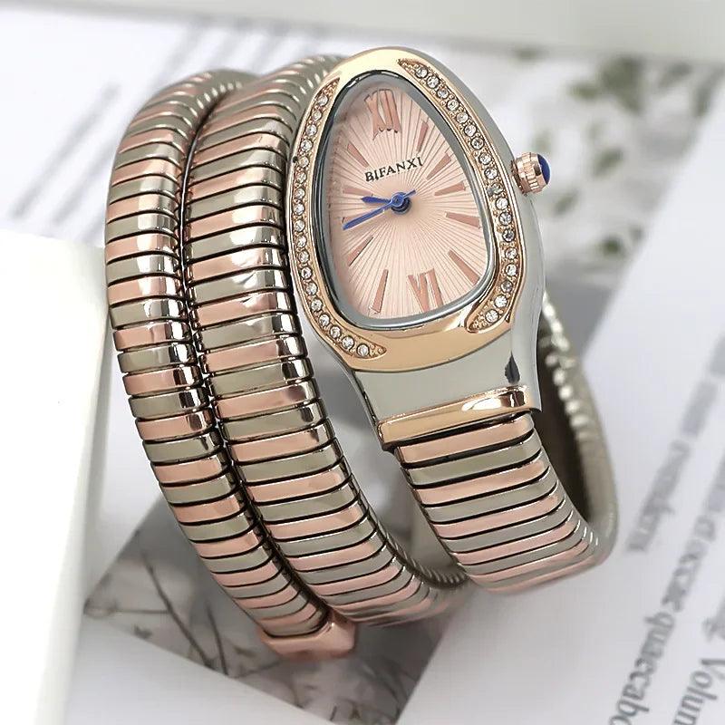Unique Snake Shaped Design Bracelet Gold Silver Watches for Women Luxury Bangle Quartz Watches