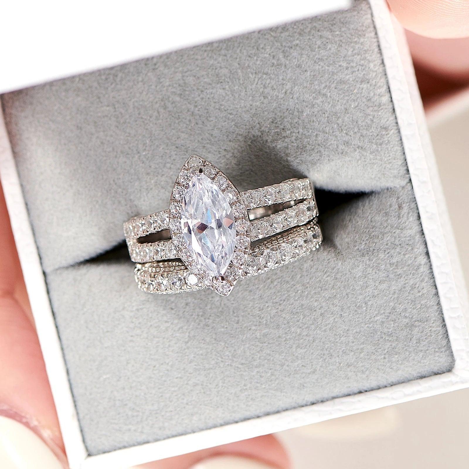 Amazing Marquise or Emerald Cut AAAAA Quality High Carbon Lab Created Diamond Luxury Ring Sets for Women - The Jewellery Supermarket