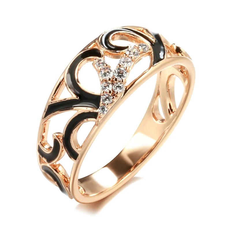 Unusual Black Enamel 14K Rolled Rose Gold AAA Zircon Diamonds Creative Ethnic Ring for Women Wedding Jewellery