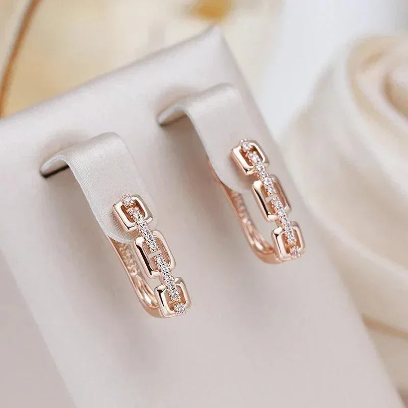 Charming Personality Chain Design Inlay with AAA White Zircon Diamonds 14K Rolled Rose Gold Earrings for Women
