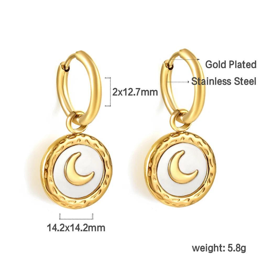 Stainless Steel Geometric White Shell Heart Round Square Shape Bee Moon Crown Hoop Earrings For Women, Girls - The Jewellery Supermarket