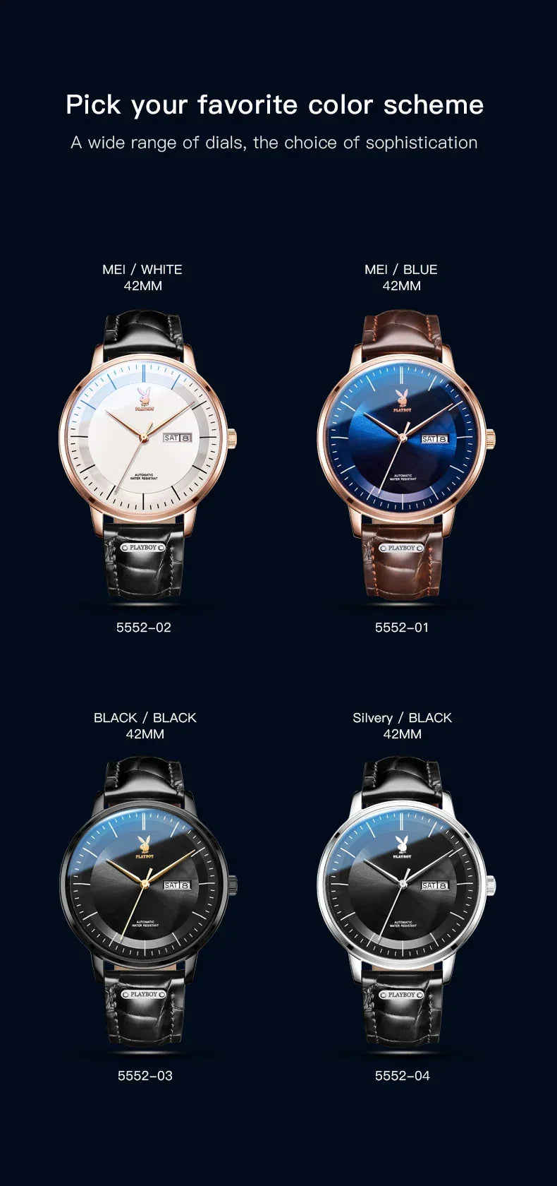 PLAYBOY Casual Simple Automatic Mechanical Men's Watches Original Waterproof Calendar High Quality Watch for Men