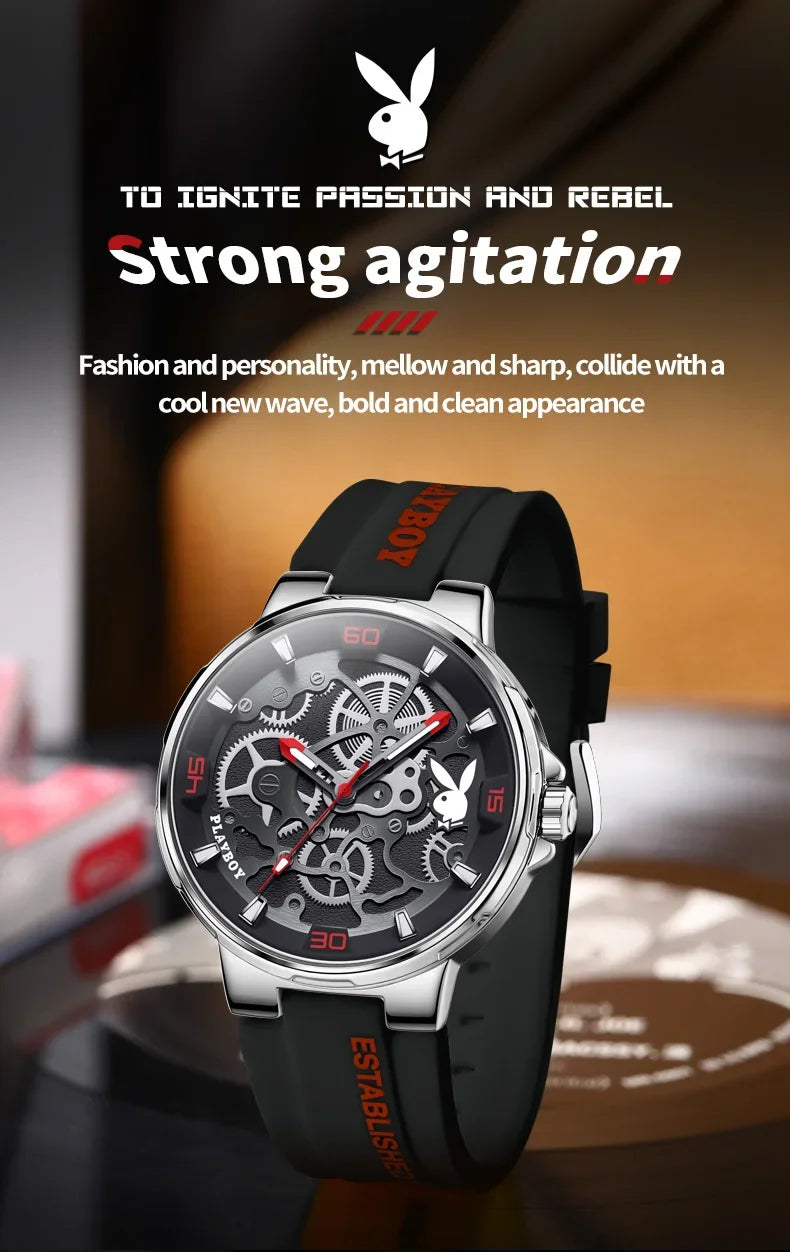 PLAYBOY Luxury Brand Casual Waterproof Quartz Silicone Strap Sports Elegant High-end Wrist Watch for Men