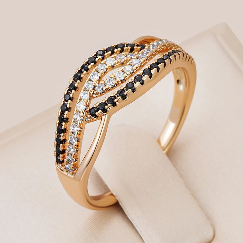 Marvelous Trendy 14K Rolled Rose Gold AAA Black With White Zircon Ring - Fine Geometric Daily Jewellery