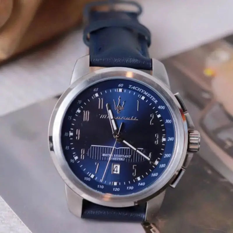 New Maserati Watch Men's Dial Simple Quartz Classic Business Blue Leather Strap Three-eye Timing waterproof  Watch
