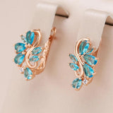 New Fashion Rolled 14K Rose Gold Blue AAA Zircon Crystals Flower Drop Earrings For Women, Party Trendy Jewellery