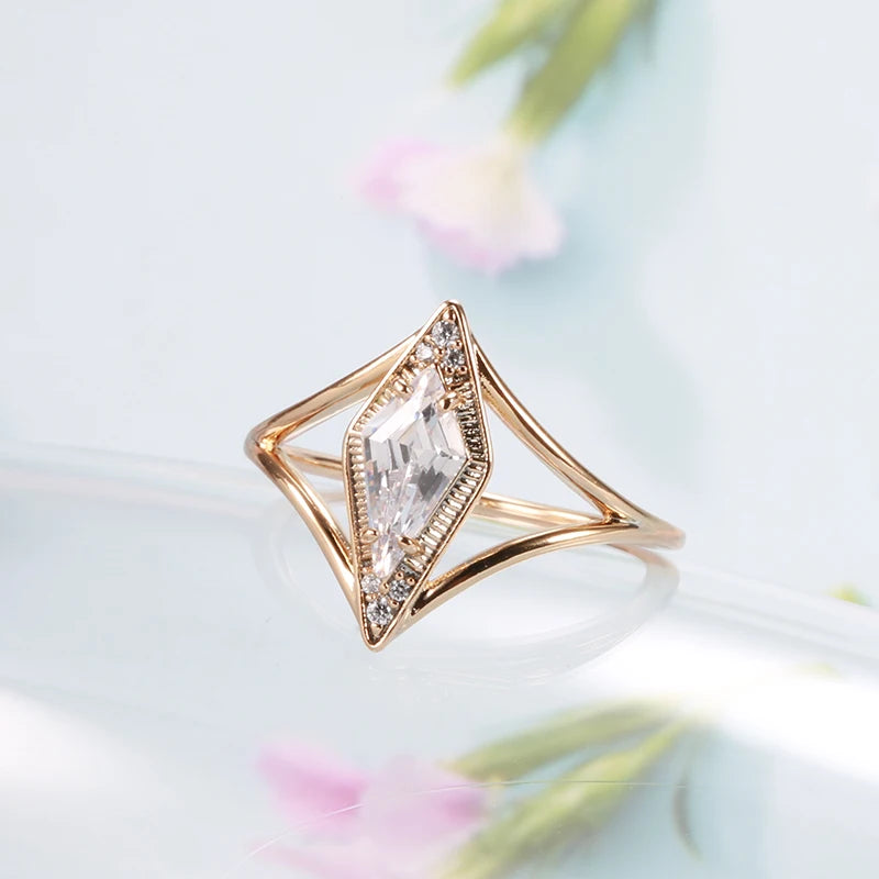 Amazing Rhombus Design Rolled Rose Gold of 14-Karat Purity AAA Zircon Diamond Ring - Fashion Fine Jewellery