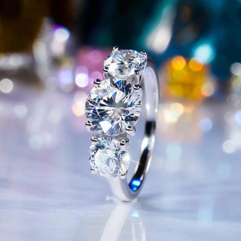 Real Round 3 Stone D Colour 2-4ctw Moissanite Diamonds Rings Wedding Engagement Promise Silver Certified Jewellery