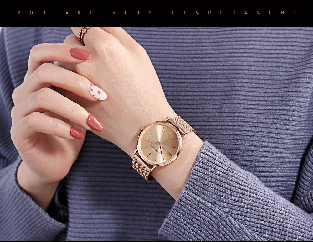 New Simple Elegant Rose Gold Tone Stainless Steel Women Bracelet Watch - Quartz Movement Steel Mesh Watches