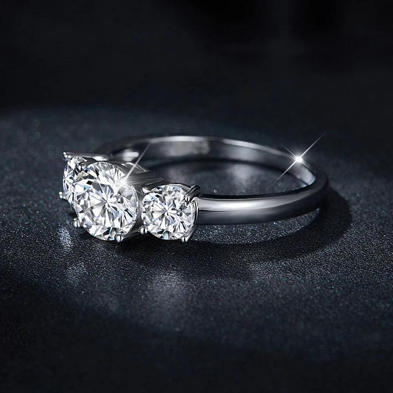 Splendid 3-stone S925 Sterling Silver with 14CGP Moissanite Diamonds Rings Engagement Wedding Promise Jewellery