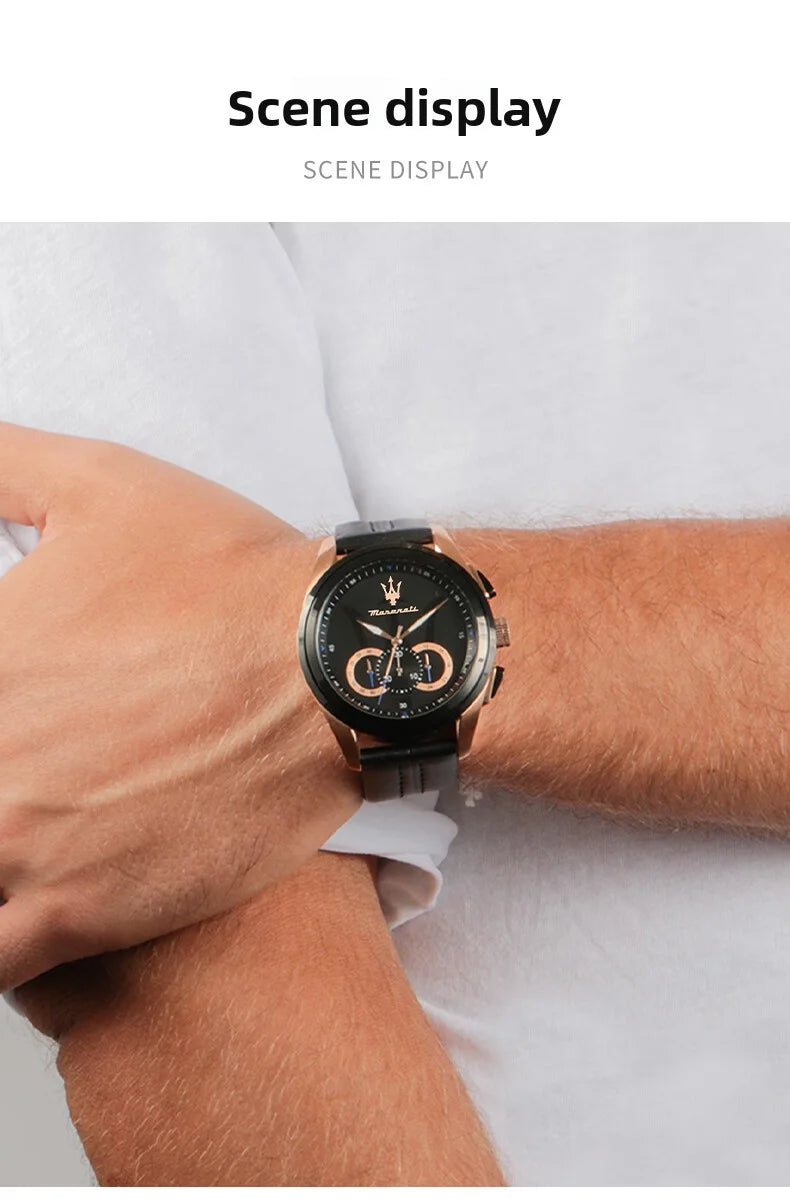 Original Maserati Men's Watch Quartz Darth Vader Waterproof Leather Strap Watches, Luxury, Precision Italian style