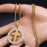 Cross AAA CZ Crystals Stainless Steel Round Pendant Necklace - Gold Colour Christian Chain Necklaces Jewellery - The Jewellery Supermarket