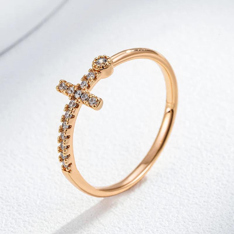 Popular Filled 14K Rose Gold Shiny AAA Zircon Diamonds Faith Cross Rings for Women - High Quality Fine Jewellery