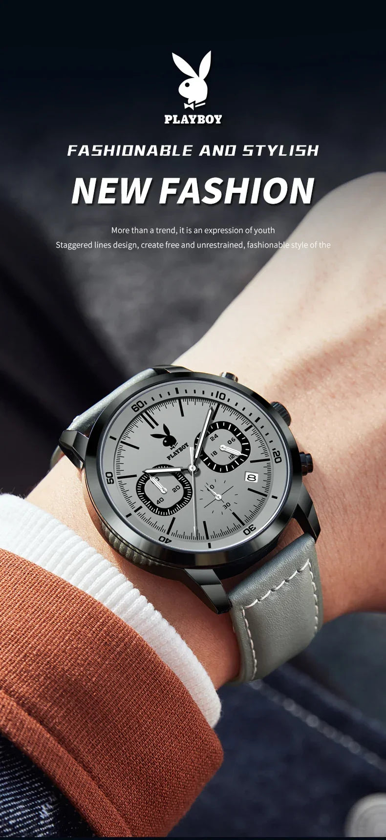 PLAYBOY Top Brand Fashion Watch for Men Leather Strap  High Quality Casual Waterproof Luxury Quartz Men's Watches