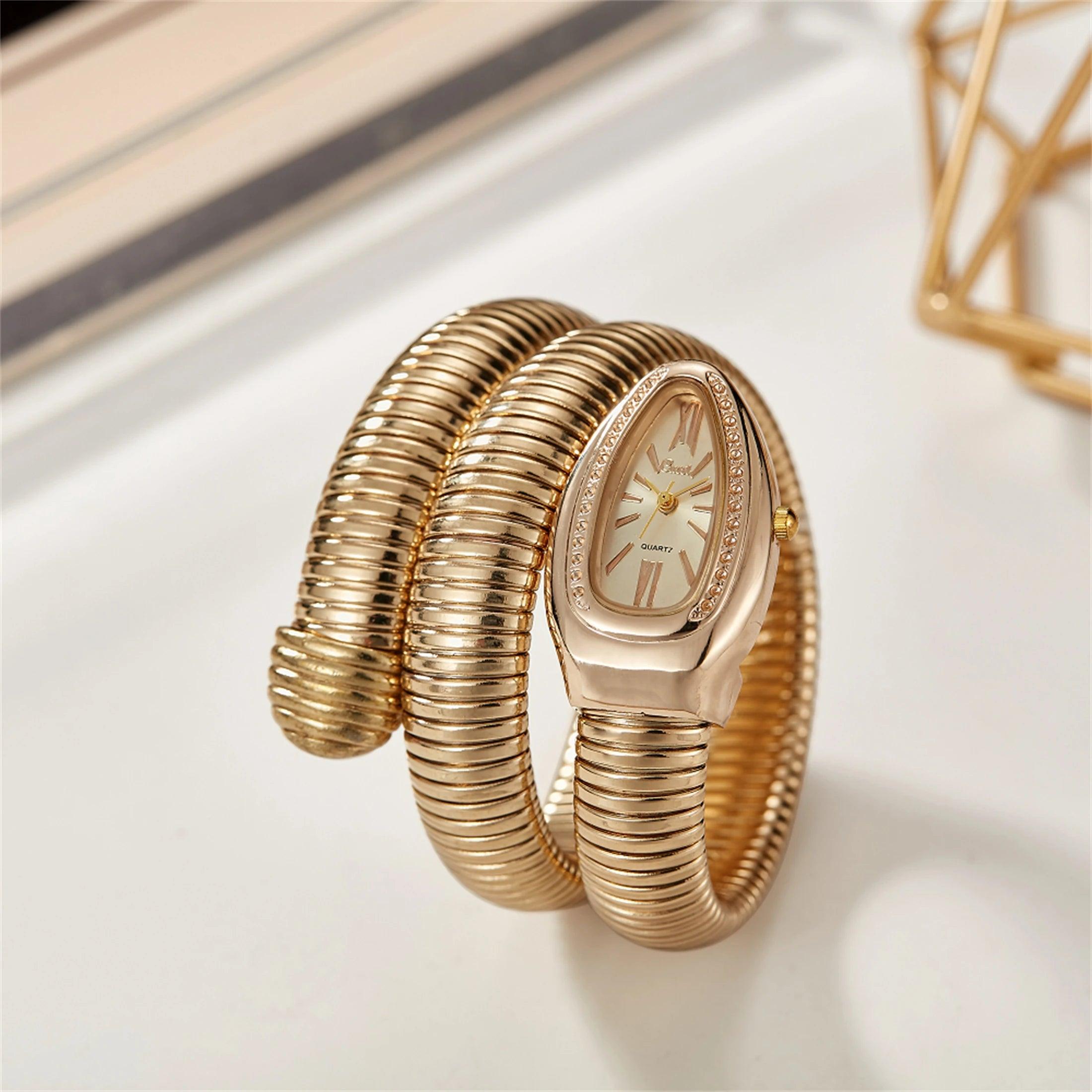 Fashion Avantgarde Luxury Gold Quartz Snake Watches for Women with Zircon Diamonds - Winding Bangle Ladies Watches
