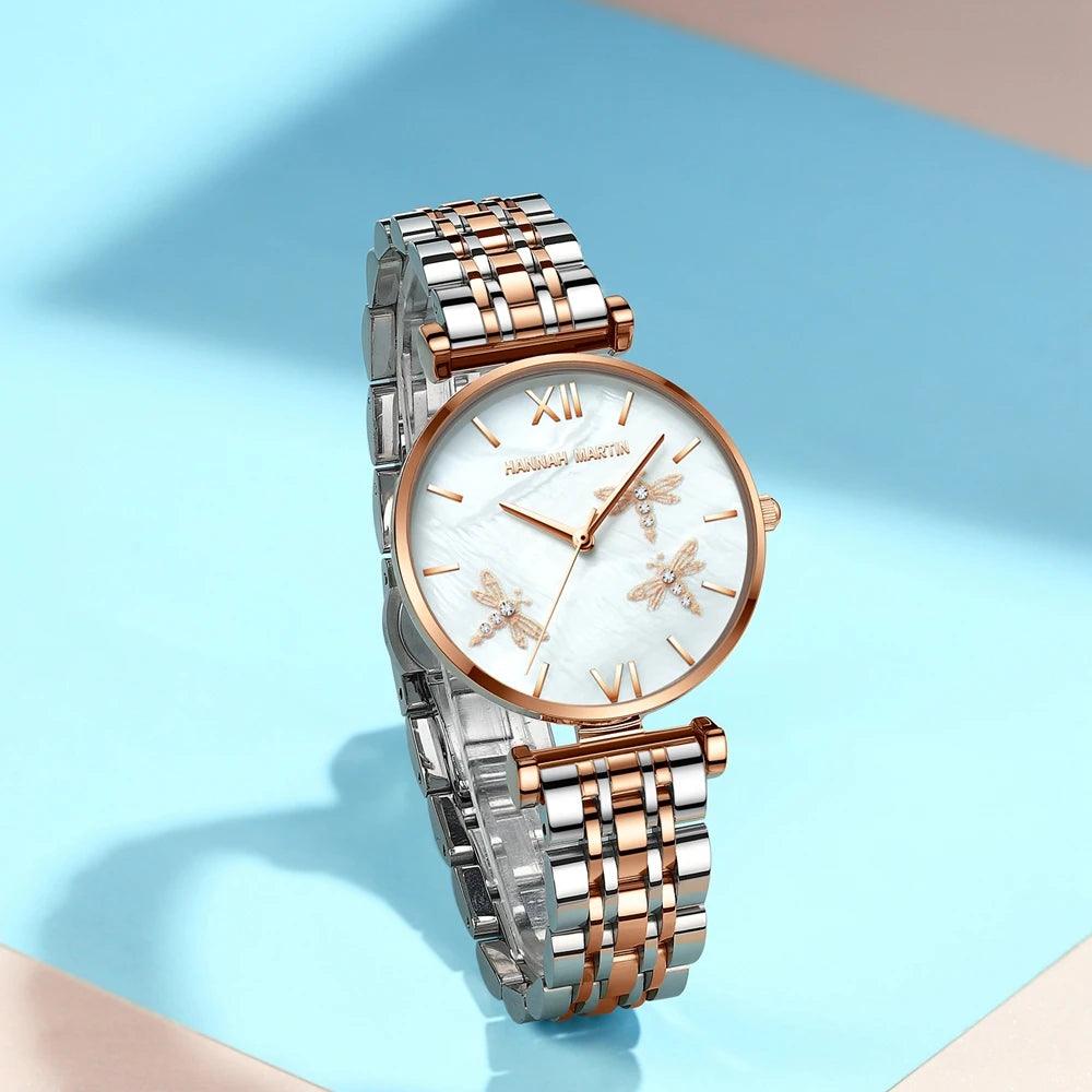 New Elegant Dragonfly Design White Oyster Pearl Shell Scallop Dial Quartz Ladies Watch Stainless Steel Women Watches