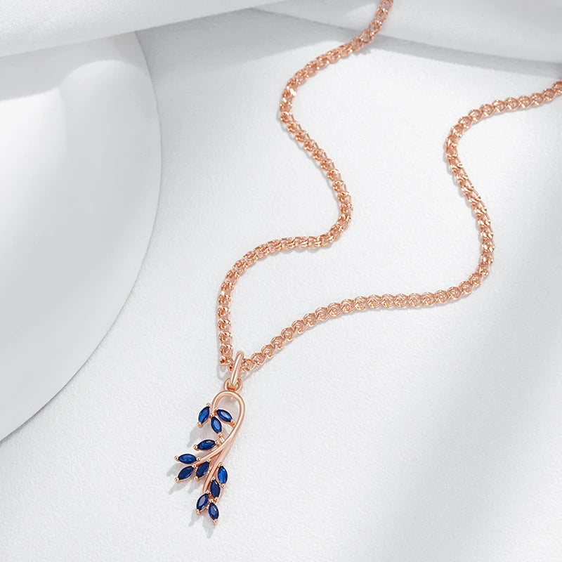 Luxury Rolled 14K Rose Gold AAA Zircon Crystals Luxury Blue Leaf Shape Pendant And Necklace For Women