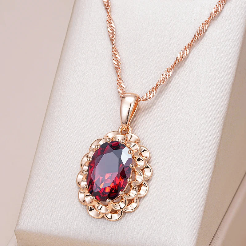 Superb Large Oval Red Filled 14K Rose Gold AAA Zircon Flower Pendant Necklace - Boho Vintage Jewellery