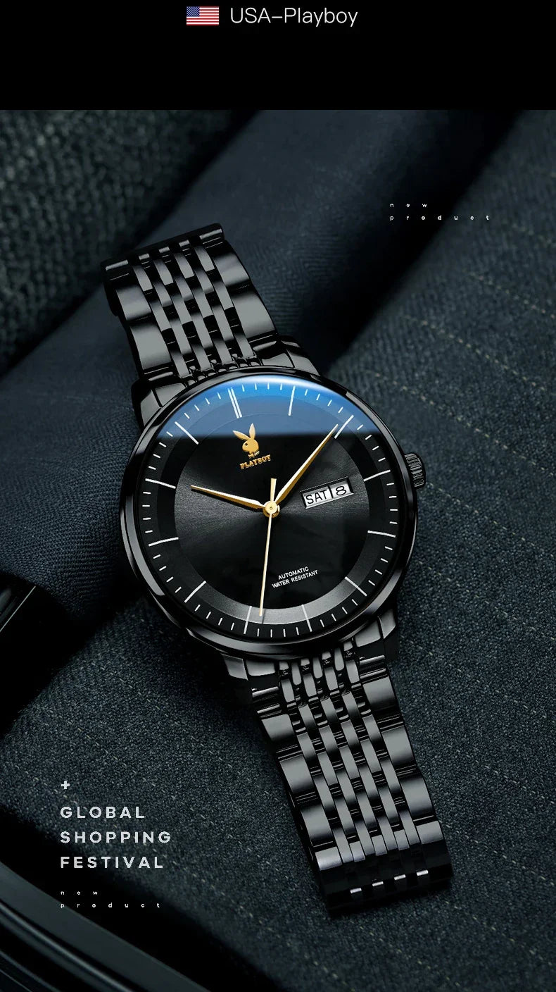 PLAYBOY Casual Simple Automatic Mechanical Men's Watches Original Waterproof Calendar High Quality Watch for Men