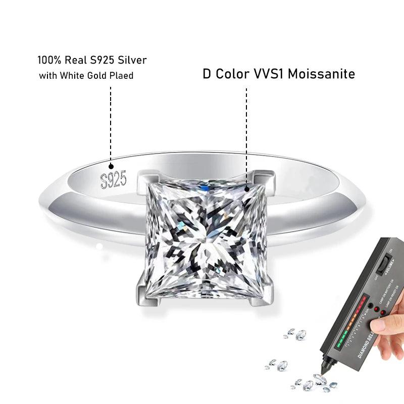 Princess Cut 1ct 2ct Moissanite Diamonds Solitaire Rings For Women Sterling Silver Pass Diamond Test Wedding Rings